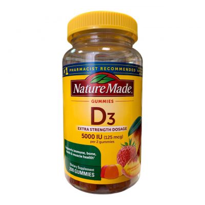 Вітамин Д3 Natural Made 5000 IU (125mcg), жувальні мармеладки з вітаміном D3, полуниця, персик і манго, 200 шт.